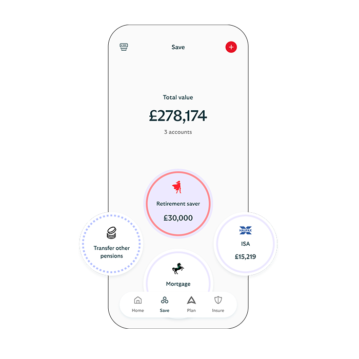 Phone screen showing Scottish Widows app with total value and 3 accounts